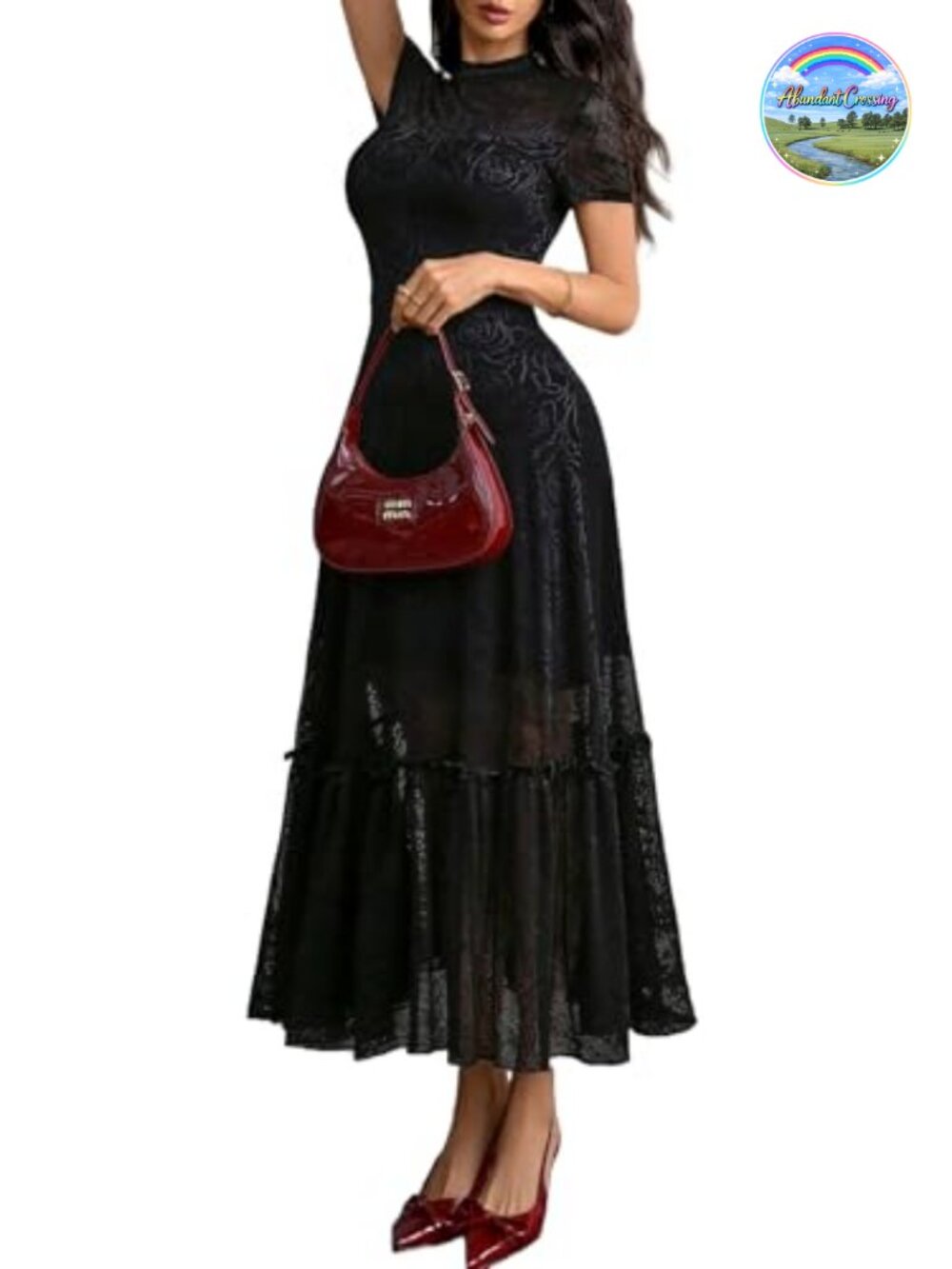 Women's Lace Floral Short Sleeve Bodycon Midi Dress Party